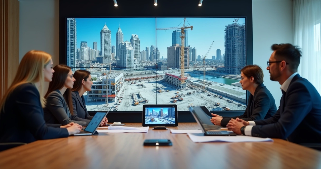 Equipe de obra reunida analisando imagens de monitoramento na mesa 
