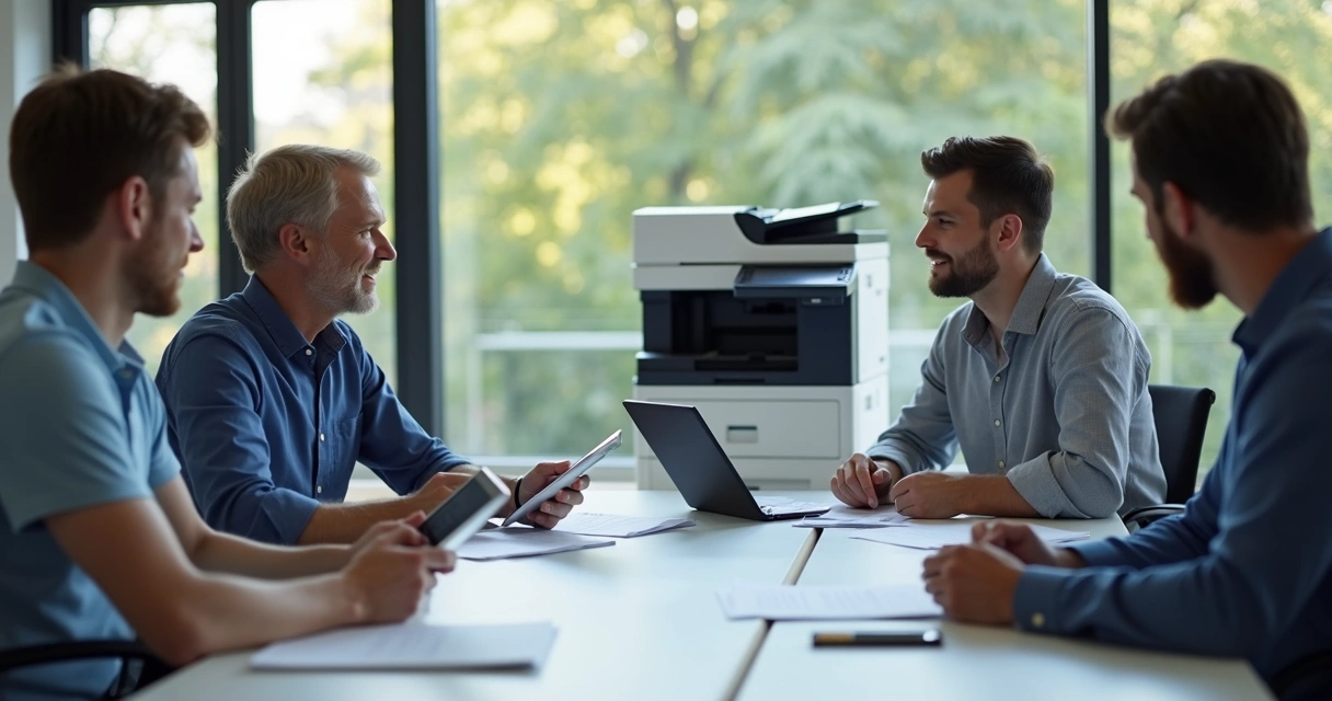 Equipe em reunião discutindo gestão de impressoras 