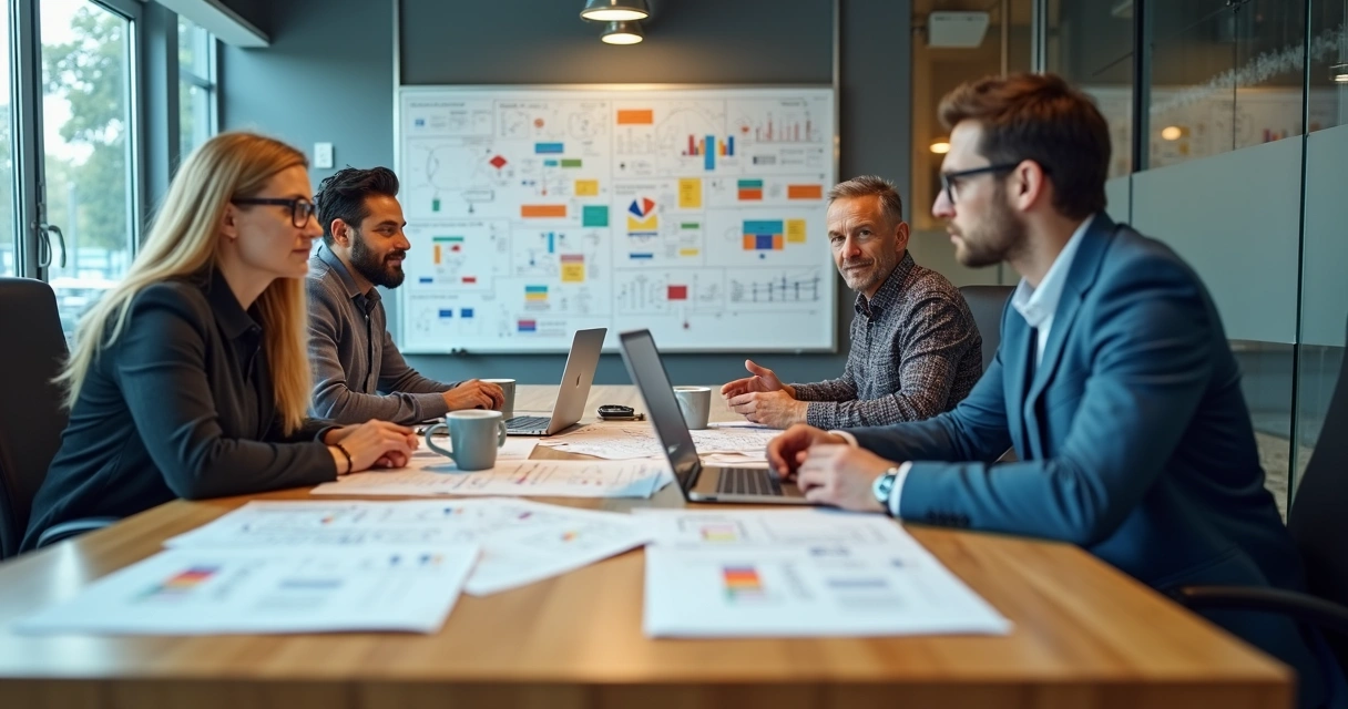 Equipe de gestores industriais em reunião com laptops e documentos 