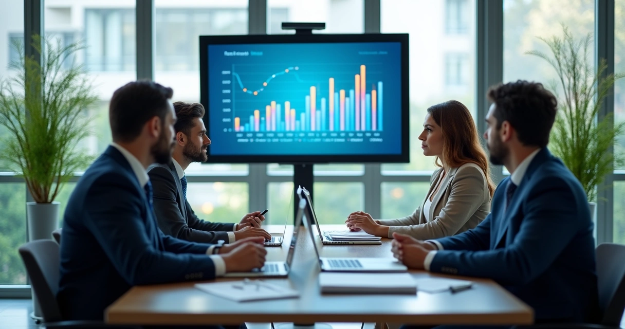 Reunião de equipe discutindo gráficos financeiros em tela digital 