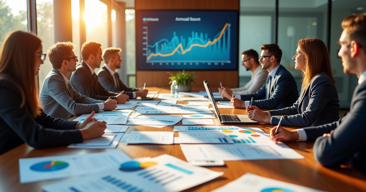 Gestores em reunião analisando planilhas e gráficos orçamentários. 