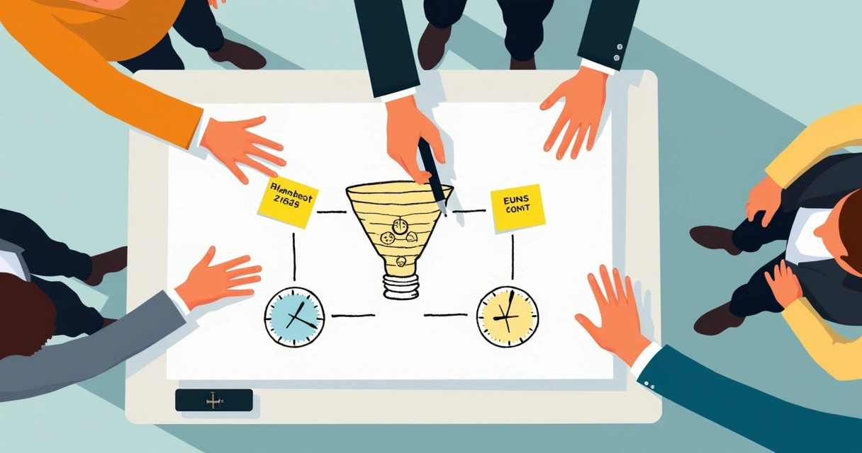 Gestores em reunião curta, de pé, frente a quadro branco com funil de vendas desenhado