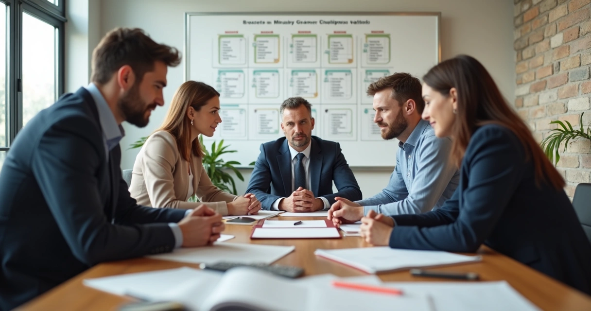 Equipe de PME em reunião planejando metas em mesa de escritório. 