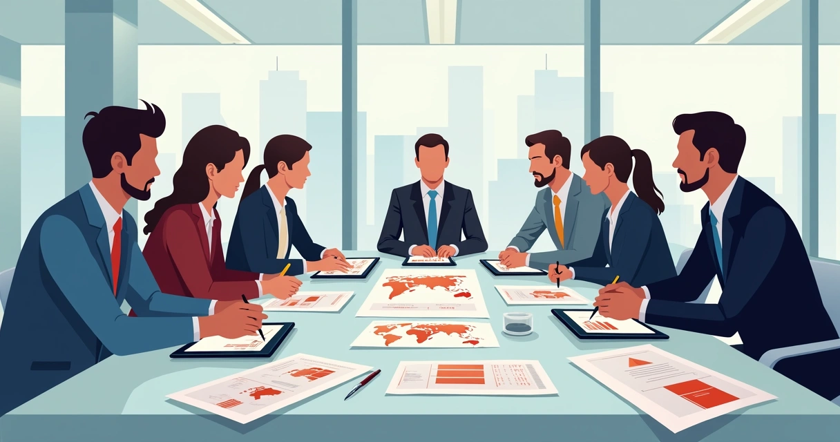 Equipe discute em torno de uma mesa com documentos de gestão de riscos