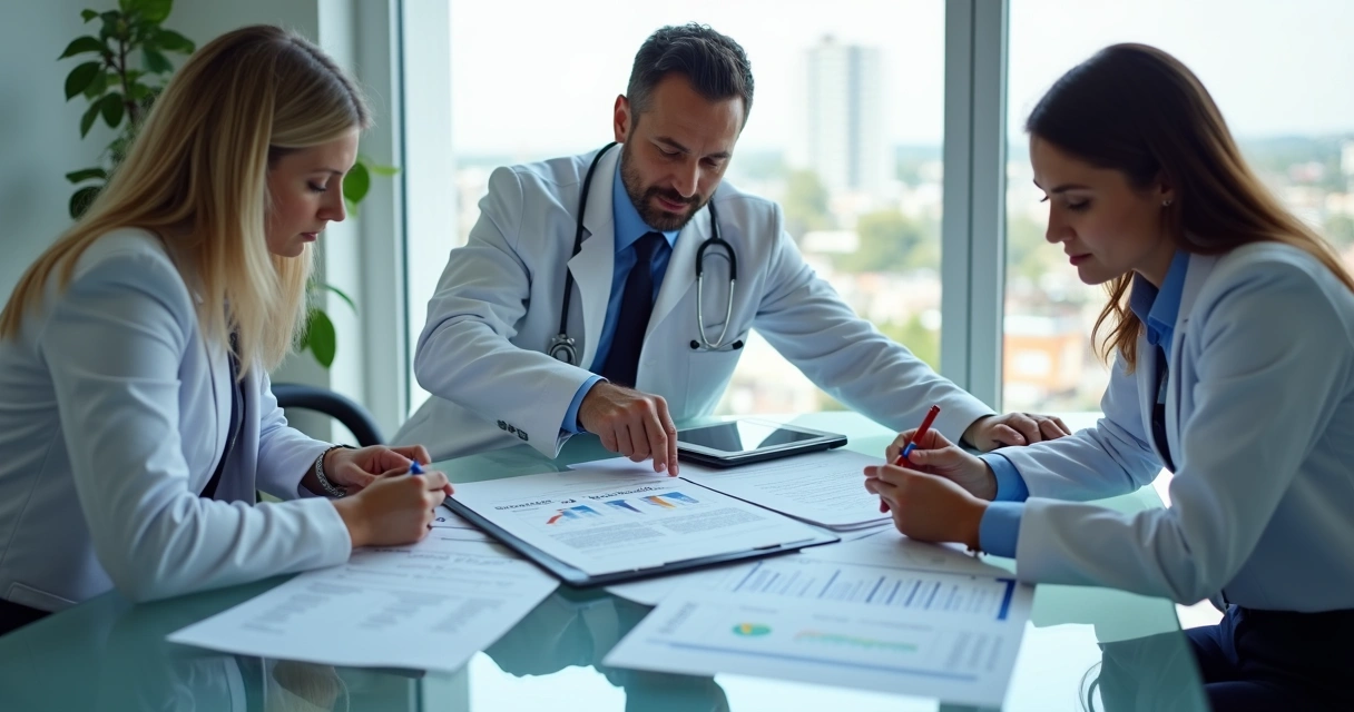 Sócios de clínica em reunião avaliando planejamento tributário 