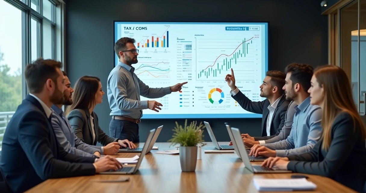 Equipe em reunião discutindo gestão tributária 