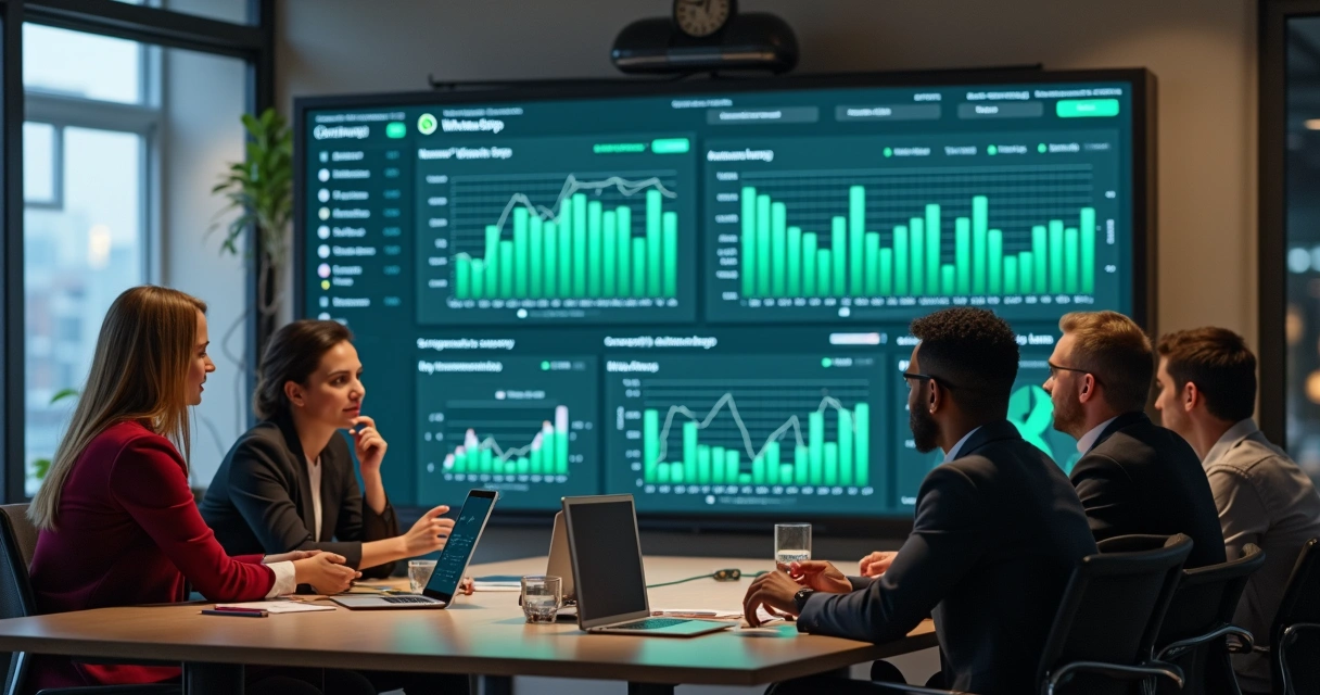 Equipe de vendas analisando métricas digitais em tela grande durante reunião 