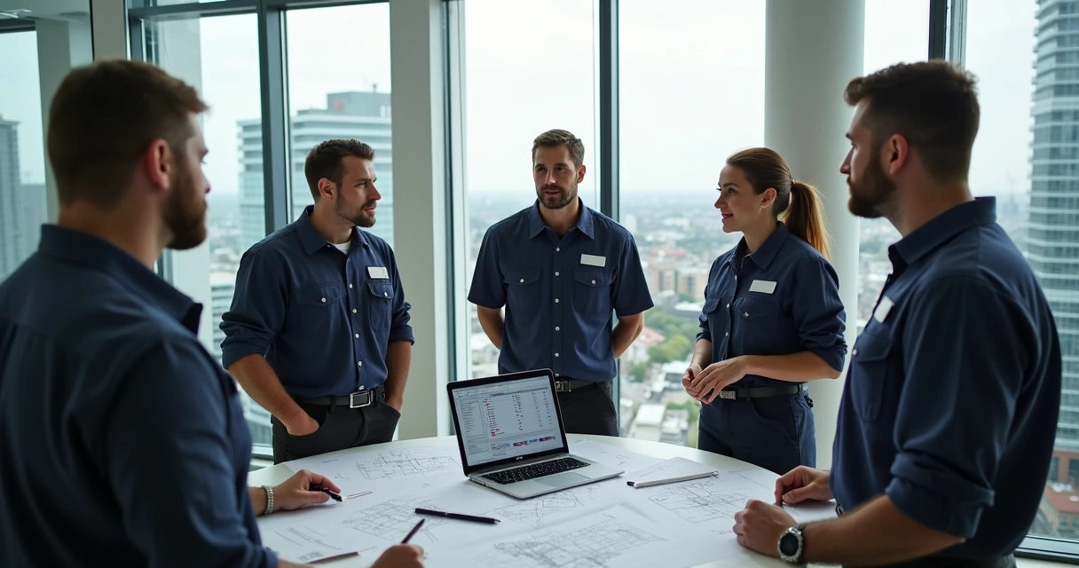 Gestor coordenando equipe de manutenção predial em reunião 