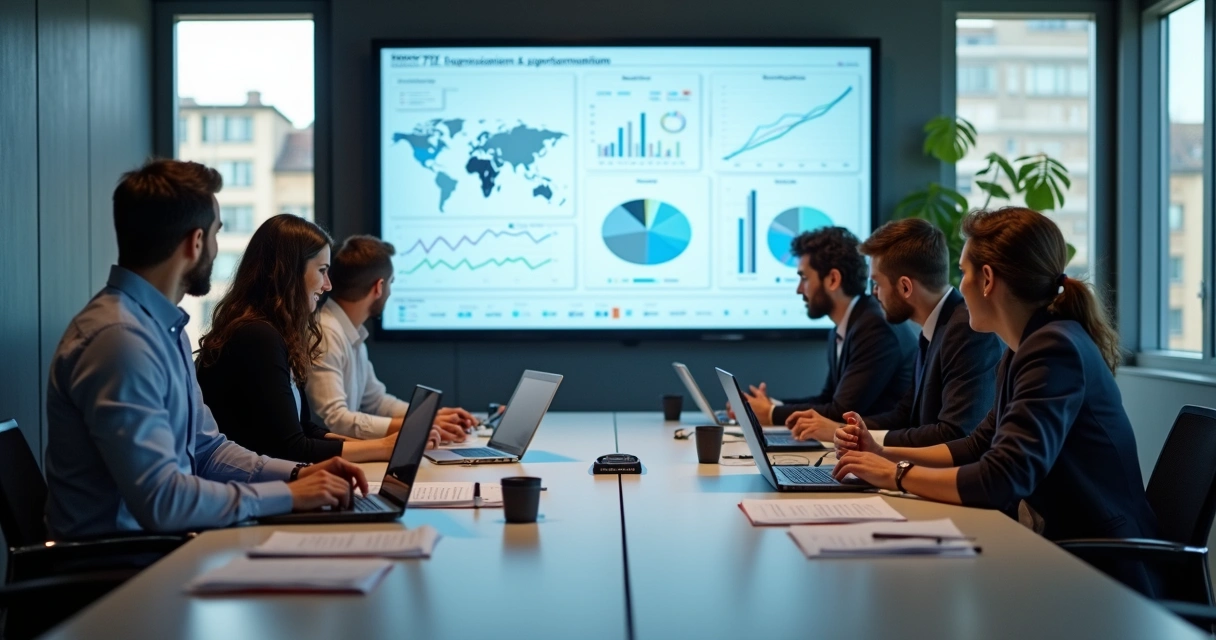 Grupo de gestores reunidos em volta de uma mesa analisando gráficos financeiros e planilhas projetadas em uma tela ampla. 