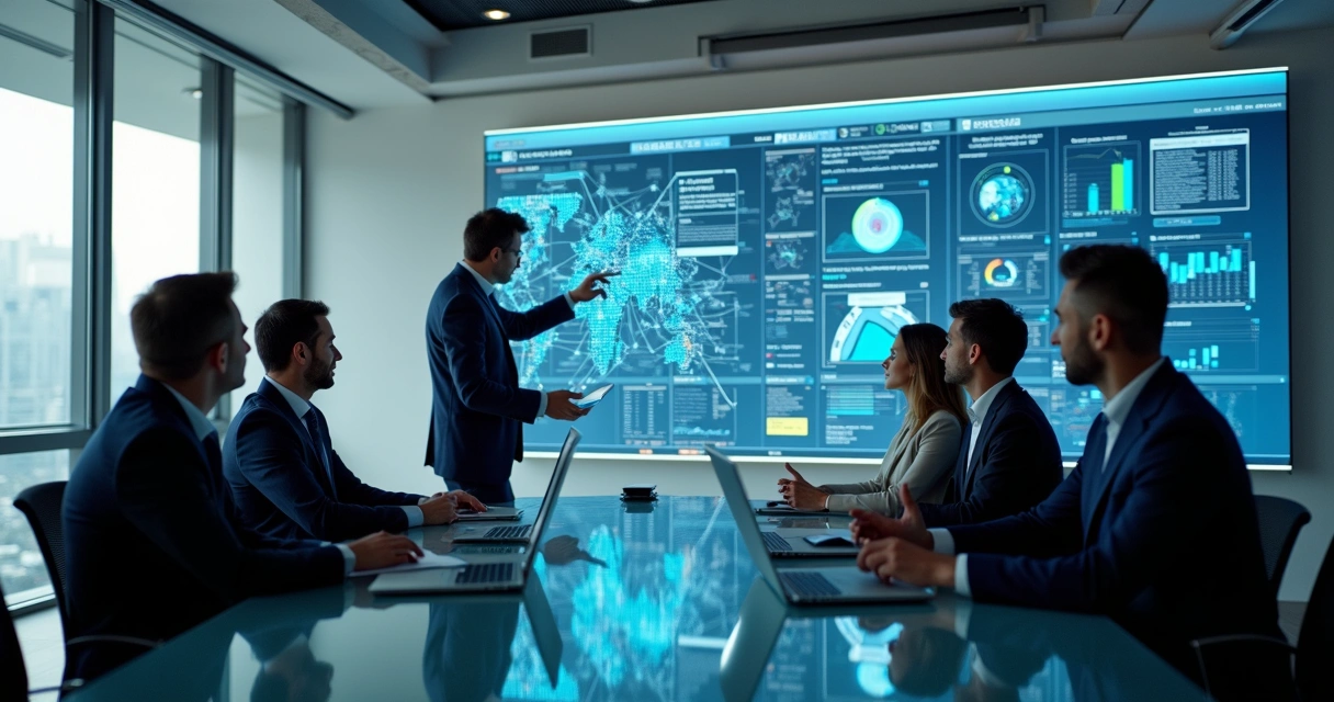 Gestores observando dados reais em tempo real nas telas 