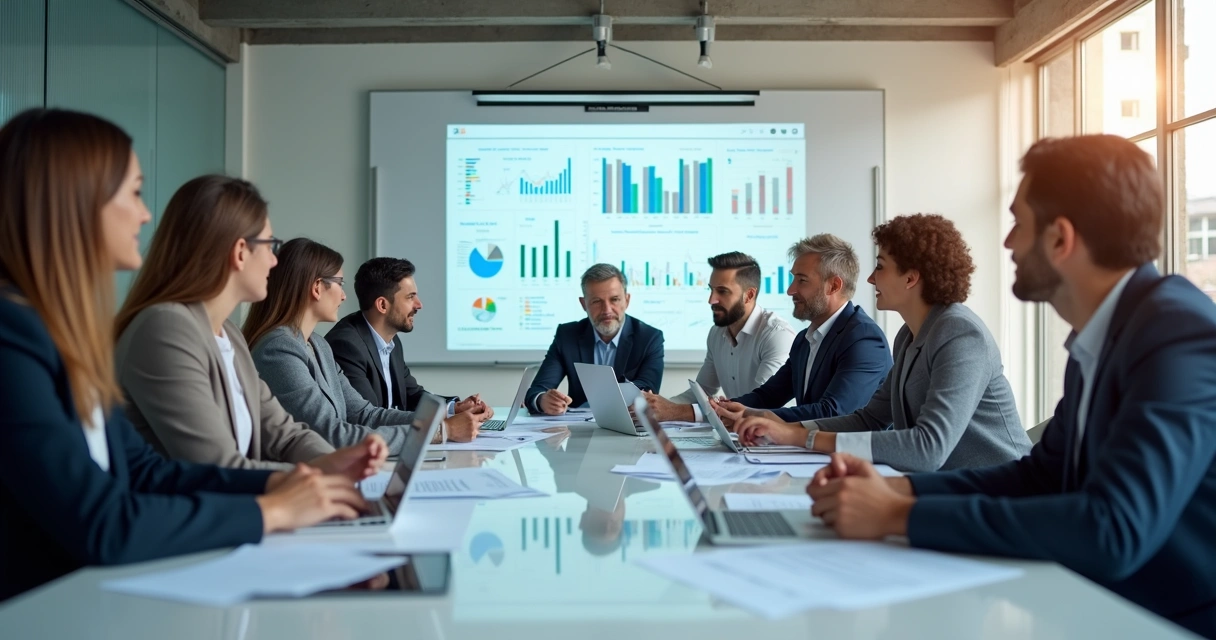 Reunião entre gestores digitais discutindo papéis 