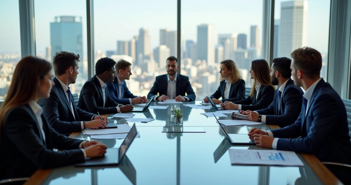 Gestores de empresa de saúde reunidos em mesa discutindo papéis e tablets
