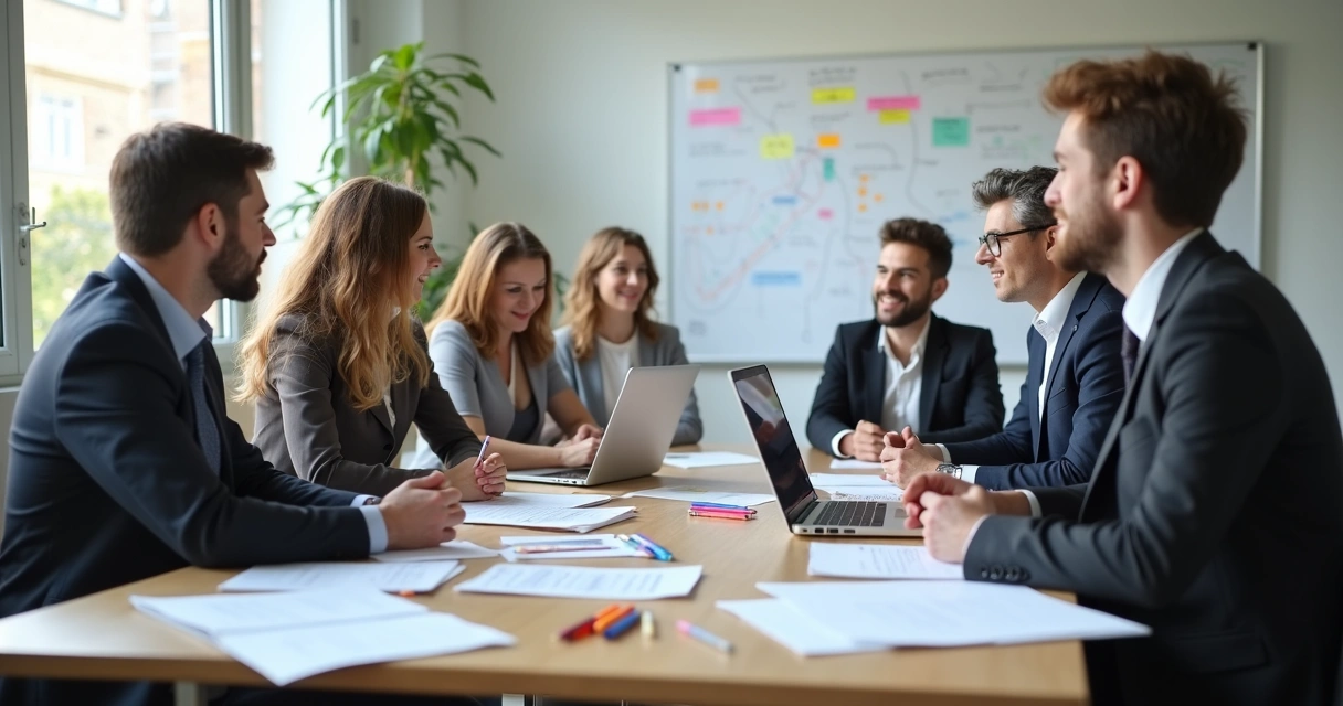 Reunião de gestores escolares discutindo planejamento com quadro branco ao fundo 