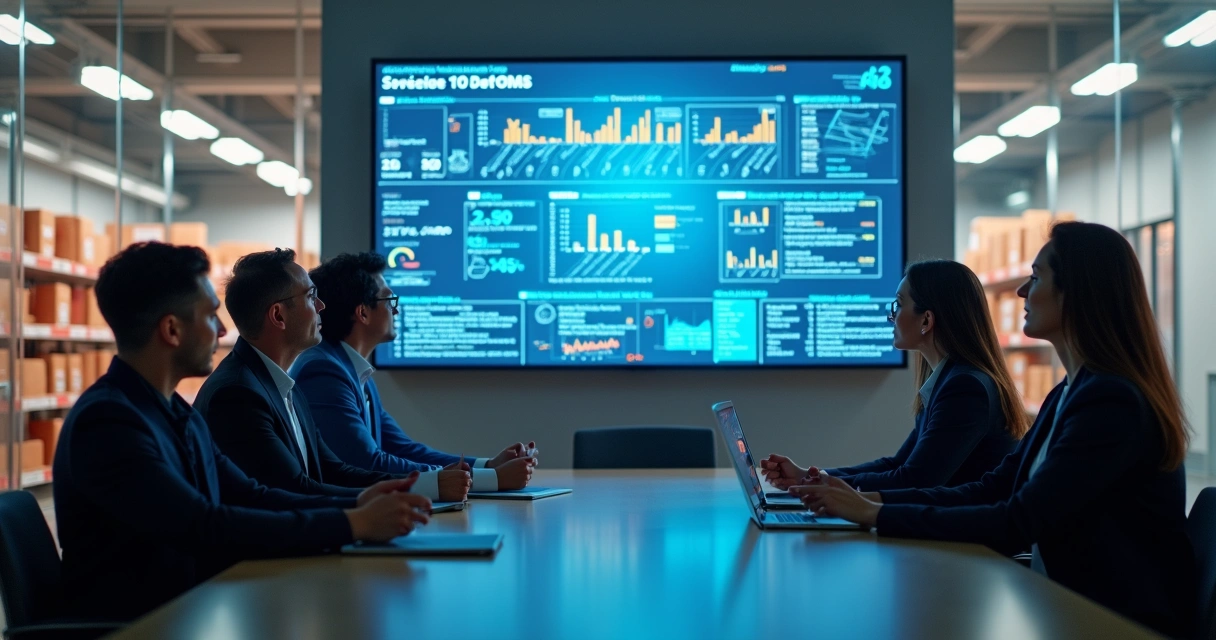 Gestores de varejo revisam relatório digital em sala de reunião