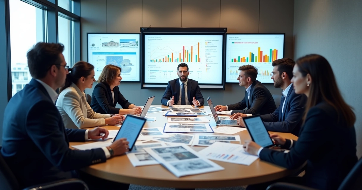 Equipe de gestores de imobiliária analisando gráficos de vendas em mesa redonda 