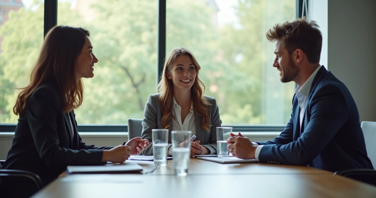 Gestores iniciantes conversando em uma mesa de reunião 