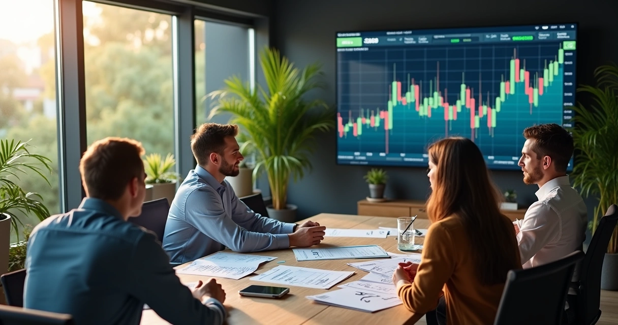 Gestores agrícolas reunidos analisando gráfico de risco