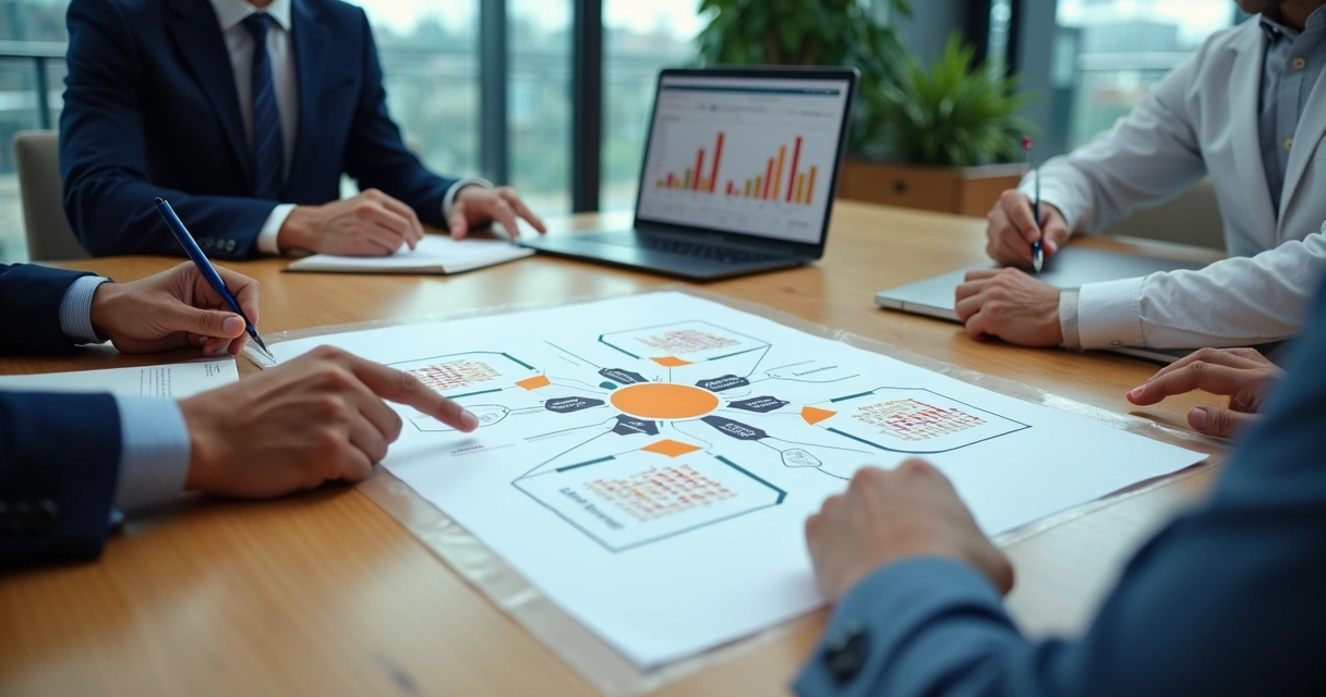 Gestores analisam mapa de fatores psicossociais em sala de reunião corporativa 