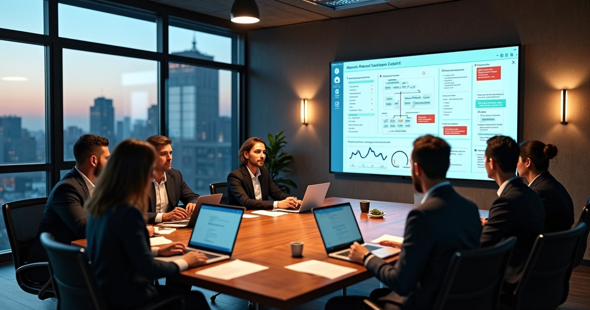 Gestores de startup em reunião analisando quadro de governança corporativa 