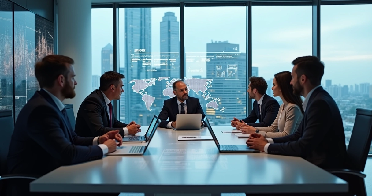 Reunião de gestores tributários discutindo inovações tecnológicas ao redor de uma mesa de escritório moderna. 