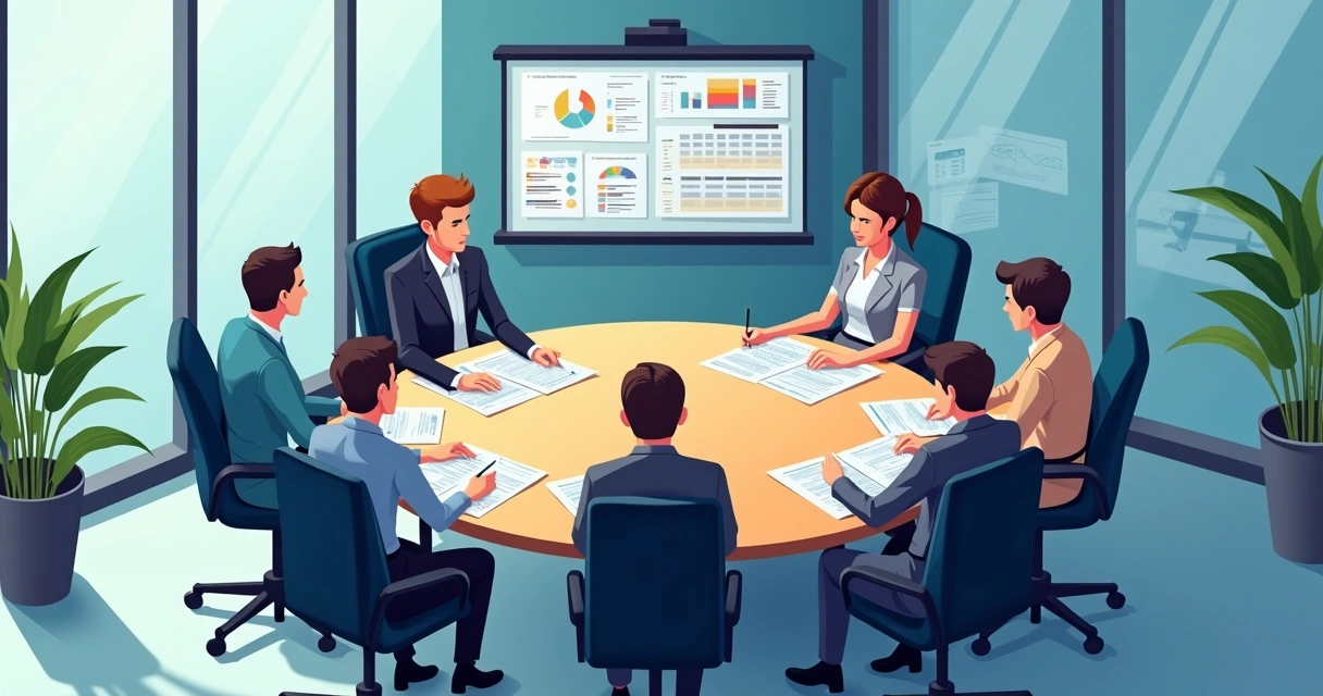 Gestores reunidos analisando relatórios de viagens em sala de reunião moderna 