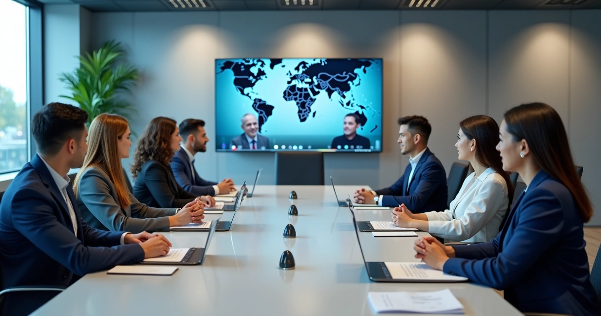 Lideranças em reunião global com telas e mapas