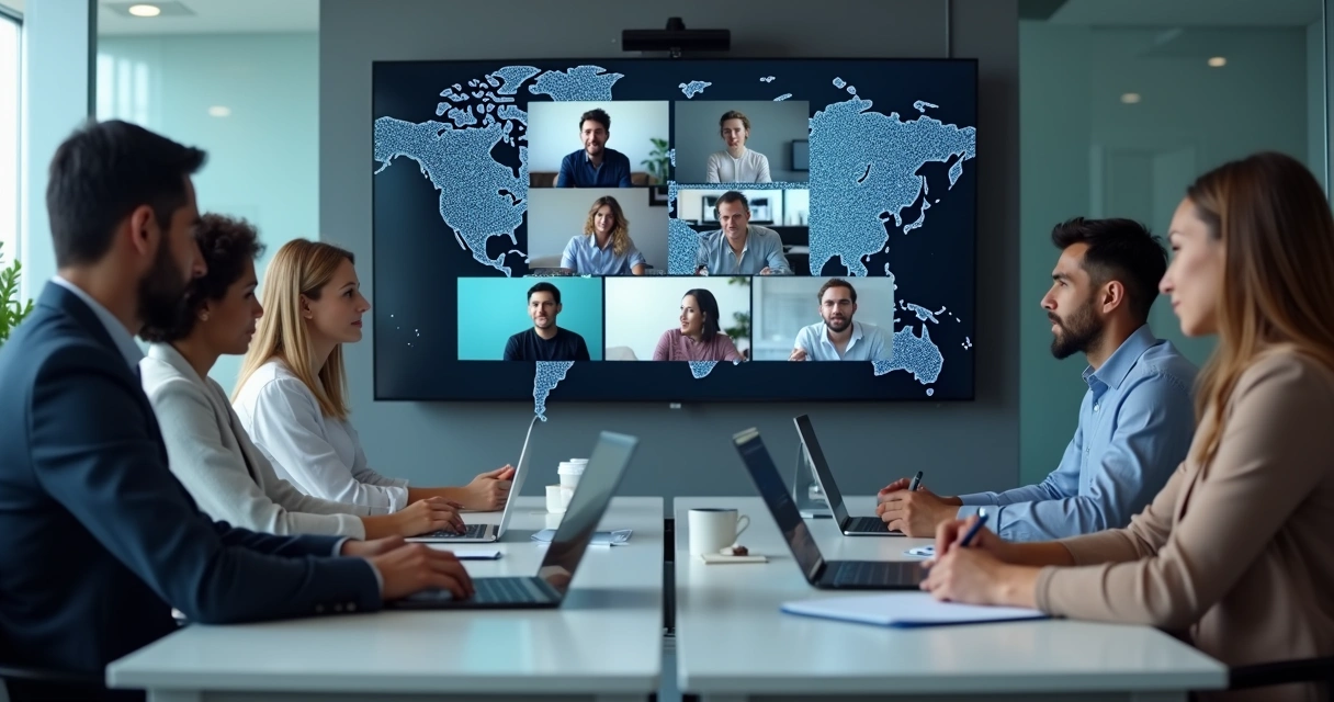 Equipe global em videoconferência com dados ao fundo