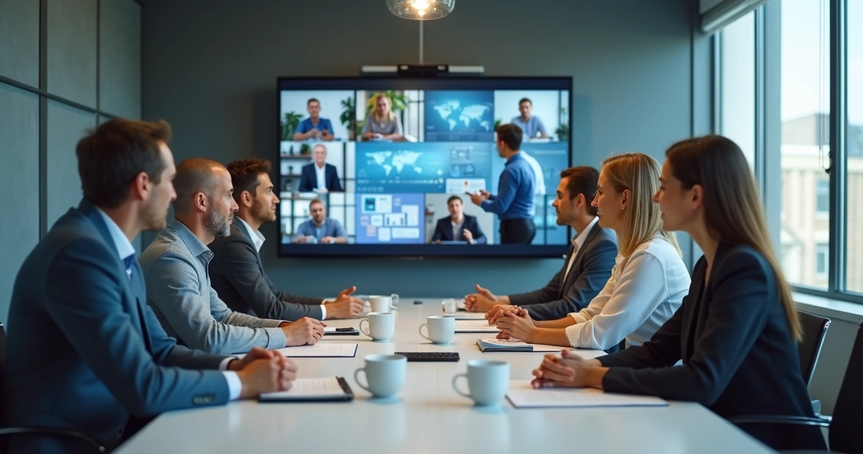 Equipe internacional em reunião híbrida com telas e anotações compartilhadas