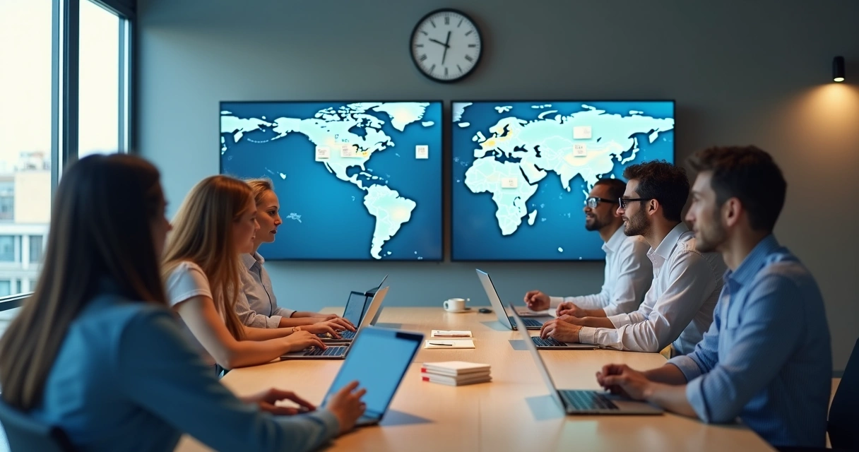 Equipe global em reunião híbrida com telas e anotações compartilhadas