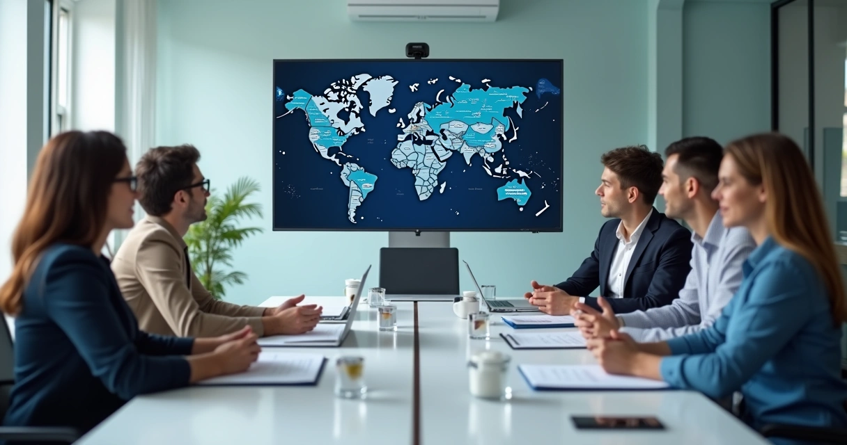 Equipe em reunião híbrida com participantes de diferentes países e idiomas