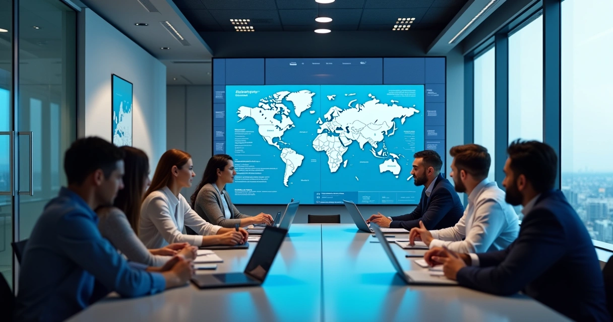 Equipe em reunião global com mapas e dados compartilhados 