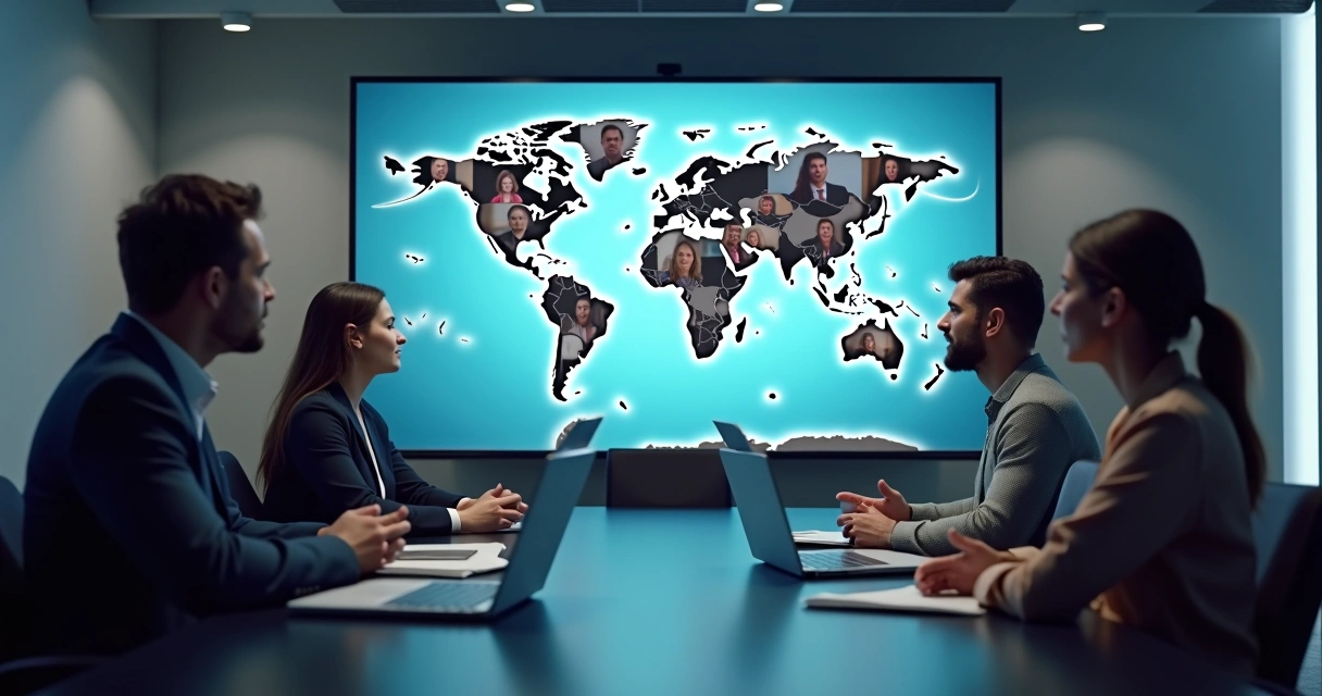 Equipe global em reunião virtual com pouca interação 