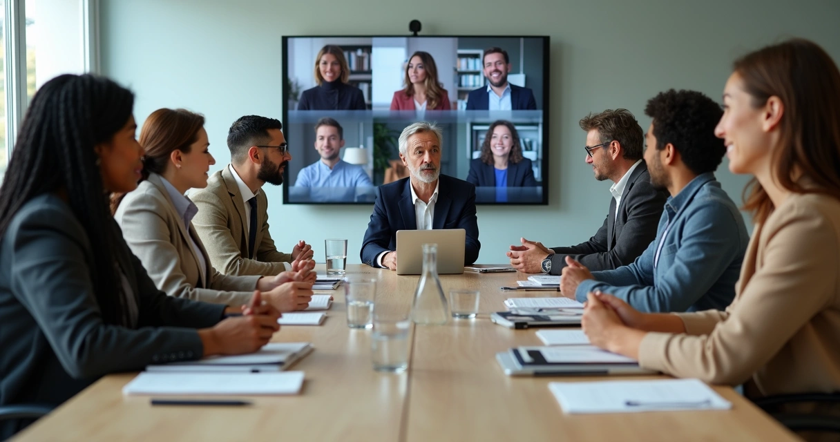 Equipe multicultural em reunião com expressões contidas e telas de videochamada 