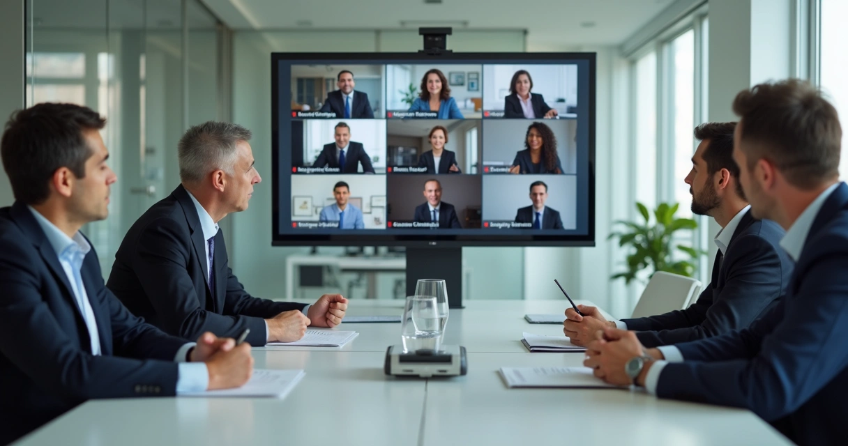 Equipe em reunião virtual com clima tenso e expressões contidas 