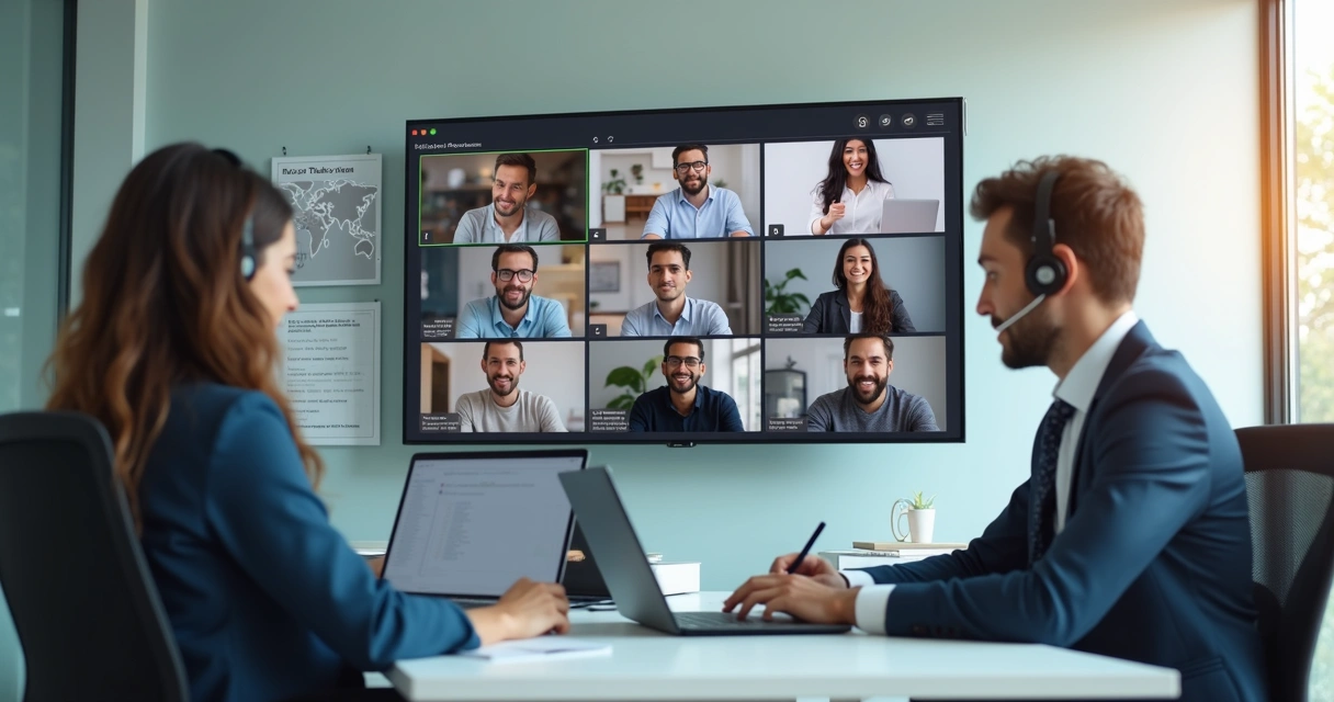 Equipe em videochamada global alinhando tarefas em tela compartilhada
