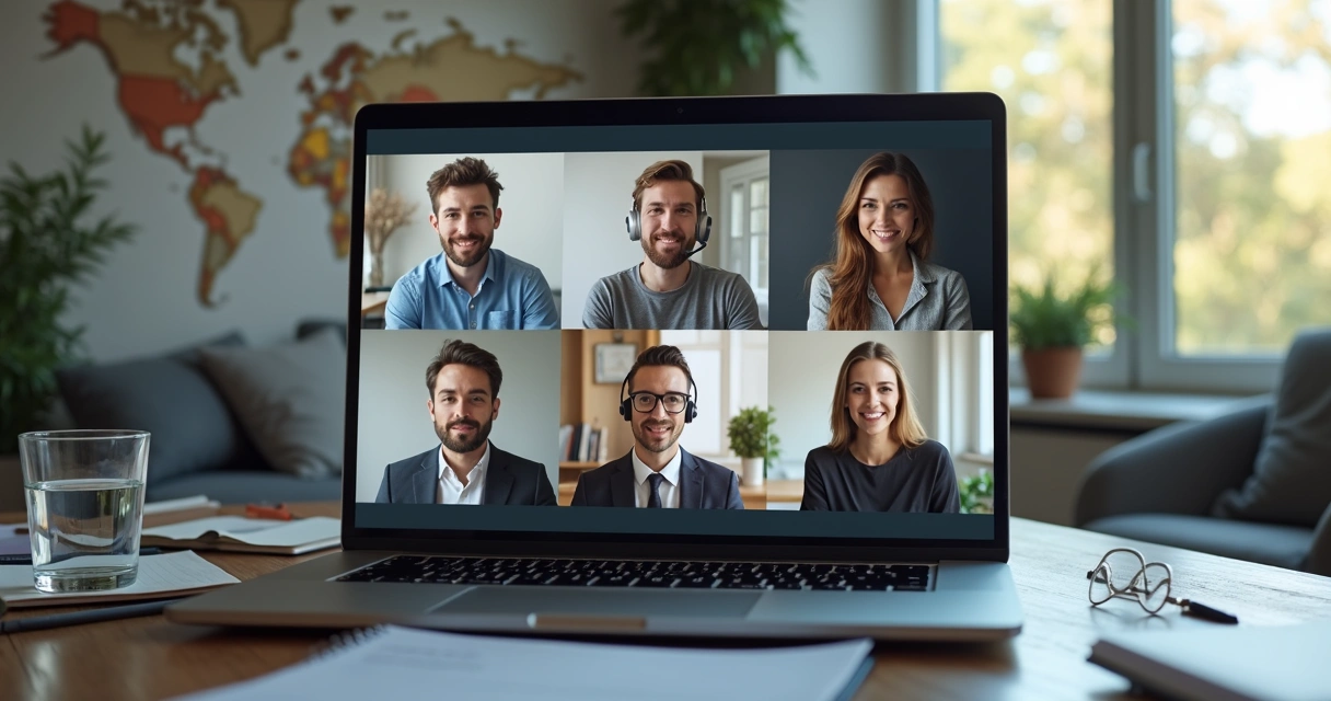 Equipe em videochamada internacional com foco atento 