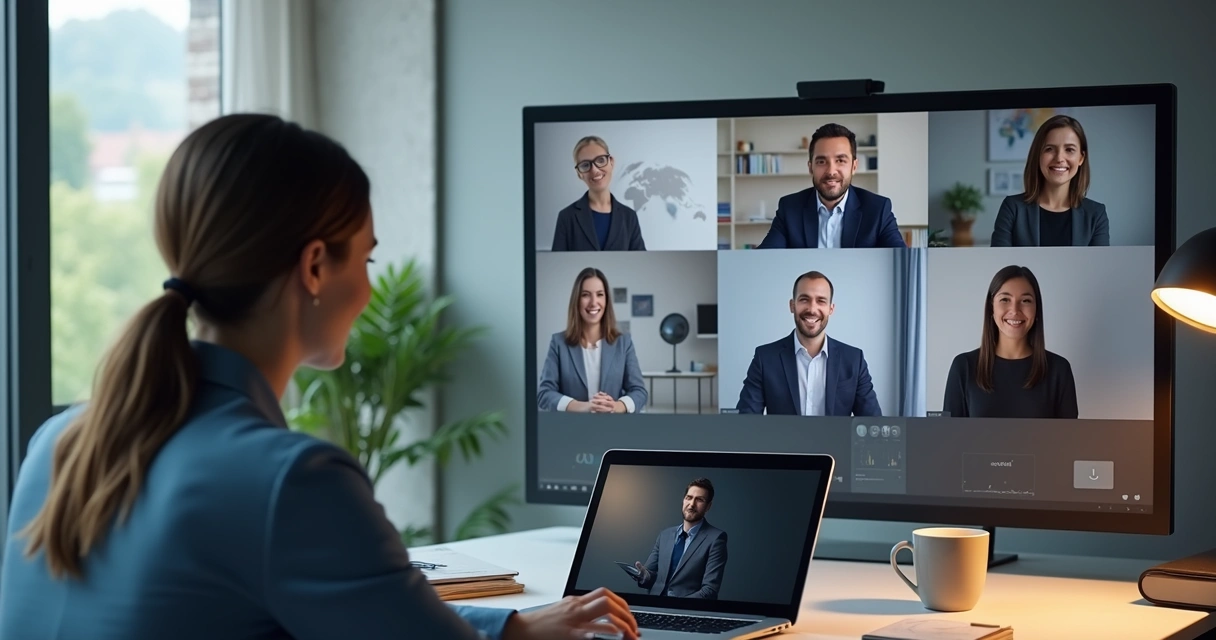 Profissionais em reunião virtual internacional com mapa ao fundo 