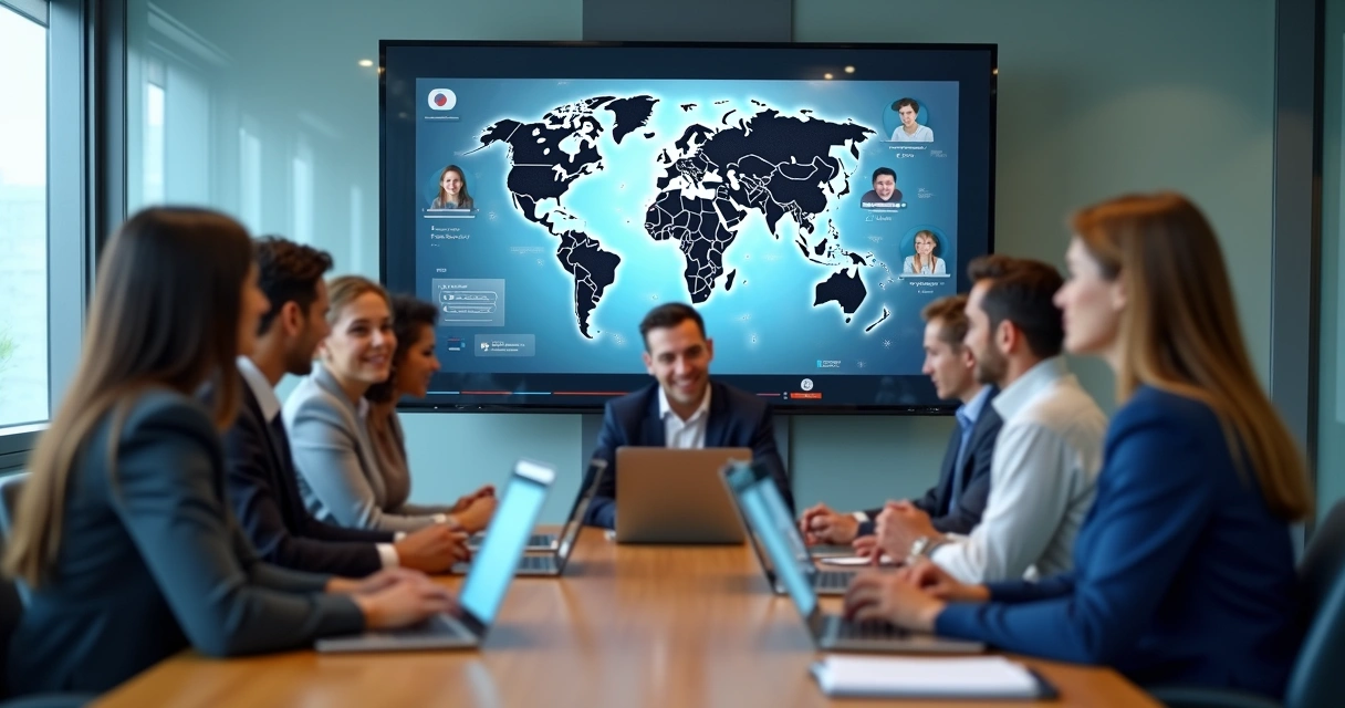 Equipe em videoconferência com mapa e fusos na tela