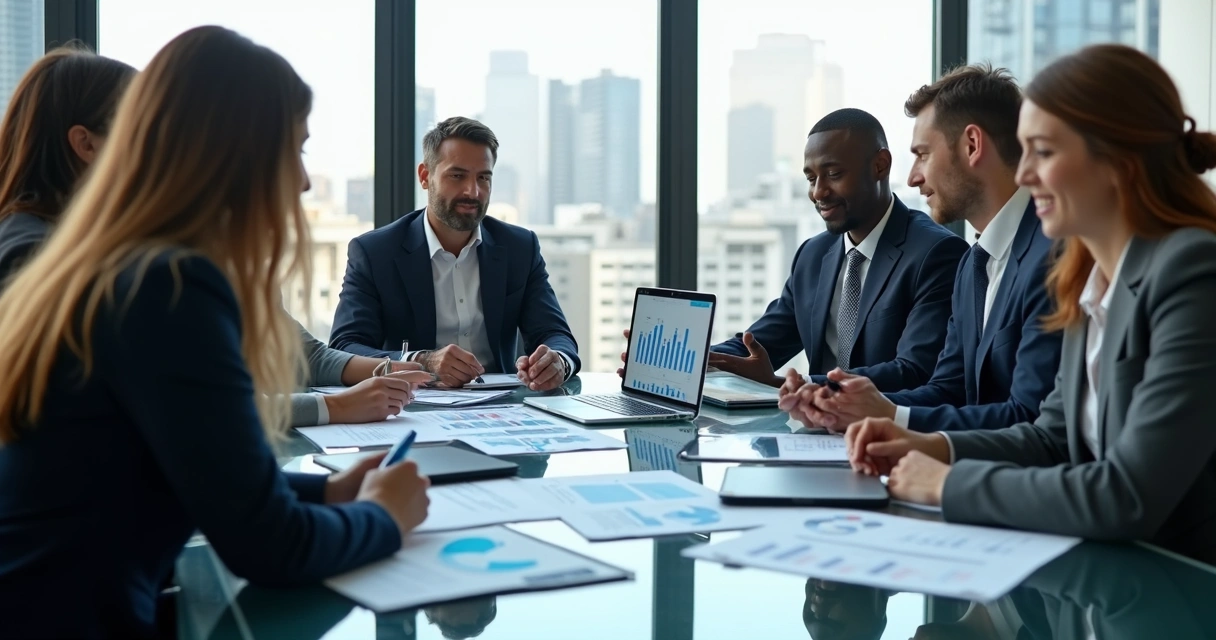 Equipe executiva ao redor de uma mesa de reunião moderna, discutindo documentos e gráficos.