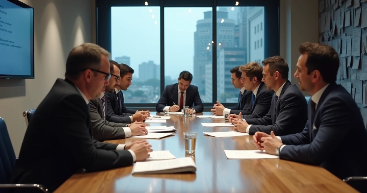 Executivos em reunião formal revisando documentos de governança corporativa em sala moderna