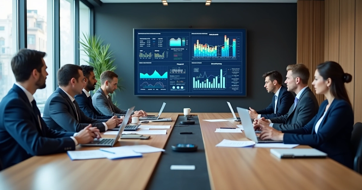 Executivos analisando indicadores financeiros em reunião