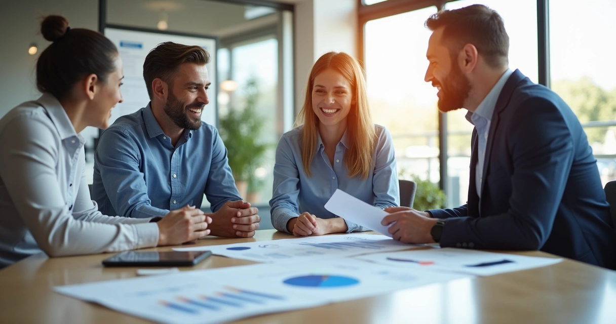 Franqueador e franqueados sorrindo em reunião ao redor de uma mesa