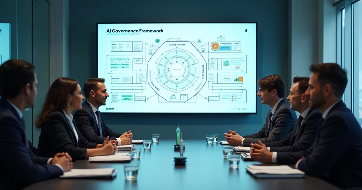 Reunião executiva discutindo governança e arquitetura de IA 