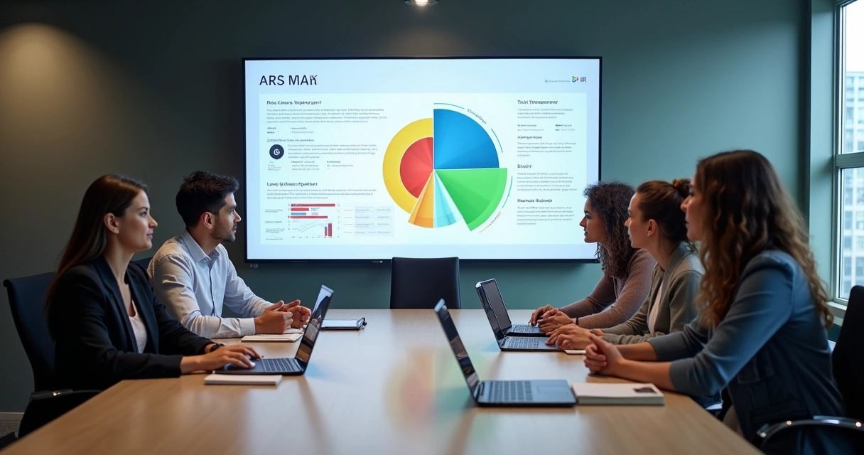 Equipe em reunião diante de tela com mapa de riscos da IA