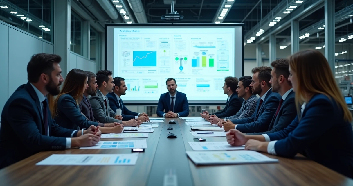 Equipe reunida para discutir governança de projetos industriais 