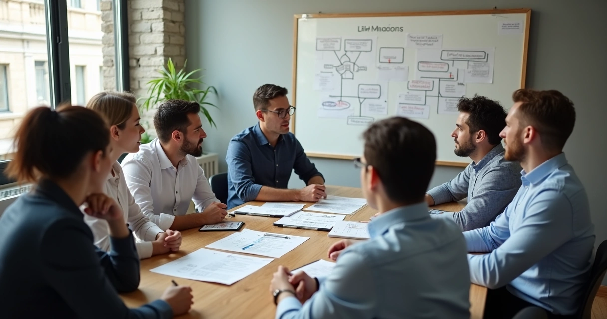 Equipe de PME reunida validando fluxo de caixa e decisões.