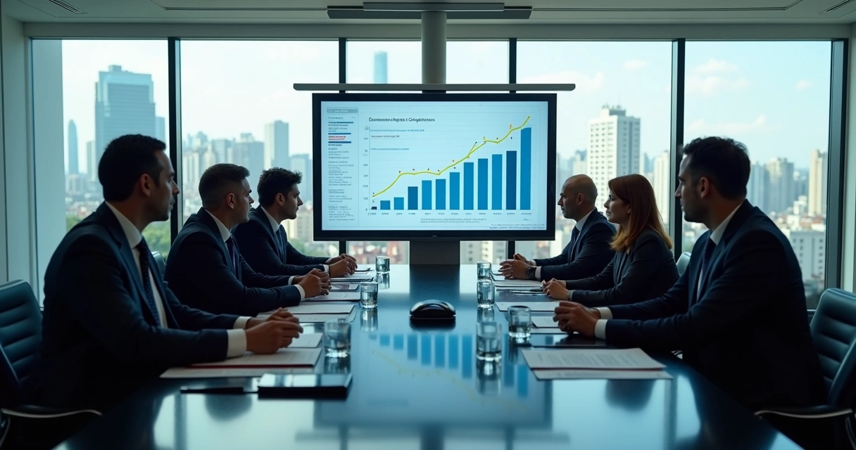 Executivos participando de reunião em empresa brasileira moderna 