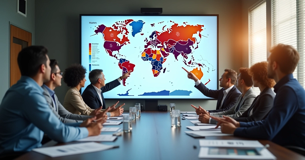Equipe grande discute mapas e gráficos de mercado em reunião 