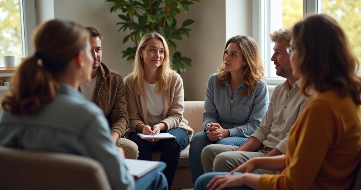 Grupo de pessoas conversando em círculo, ambiente calmo e de apoio mútuo 