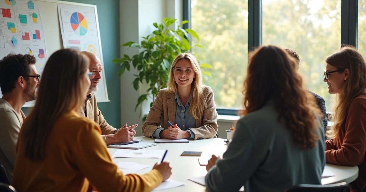 Grupo reunido em roda, trocando ideias em ambiente de trabalho colaborativo. 